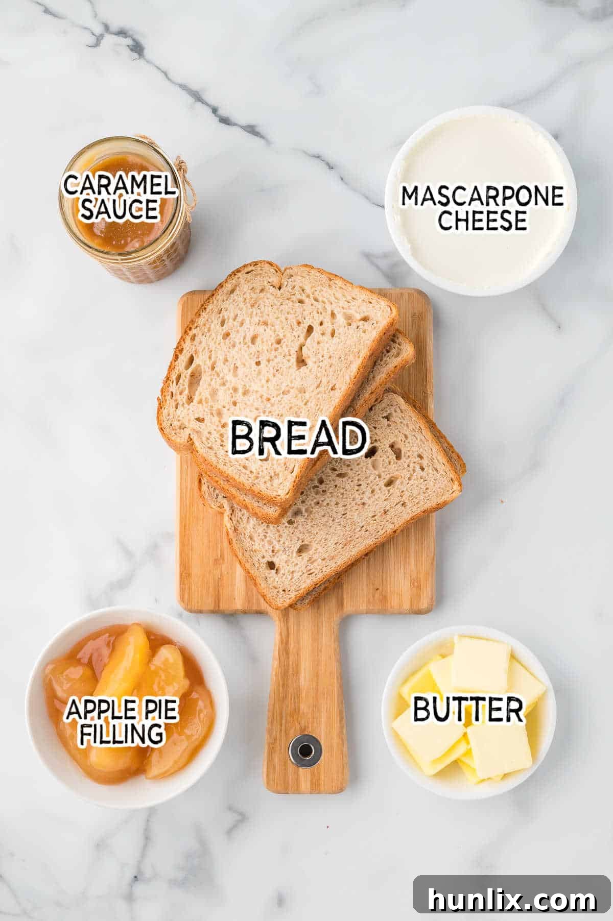 Sweet & Savory Caramel Apple Melt 3 All the ingredients for caramel apple grilled cheese laid out: butter, bread, mascarpone, apple pie filling, and caramel sauce.