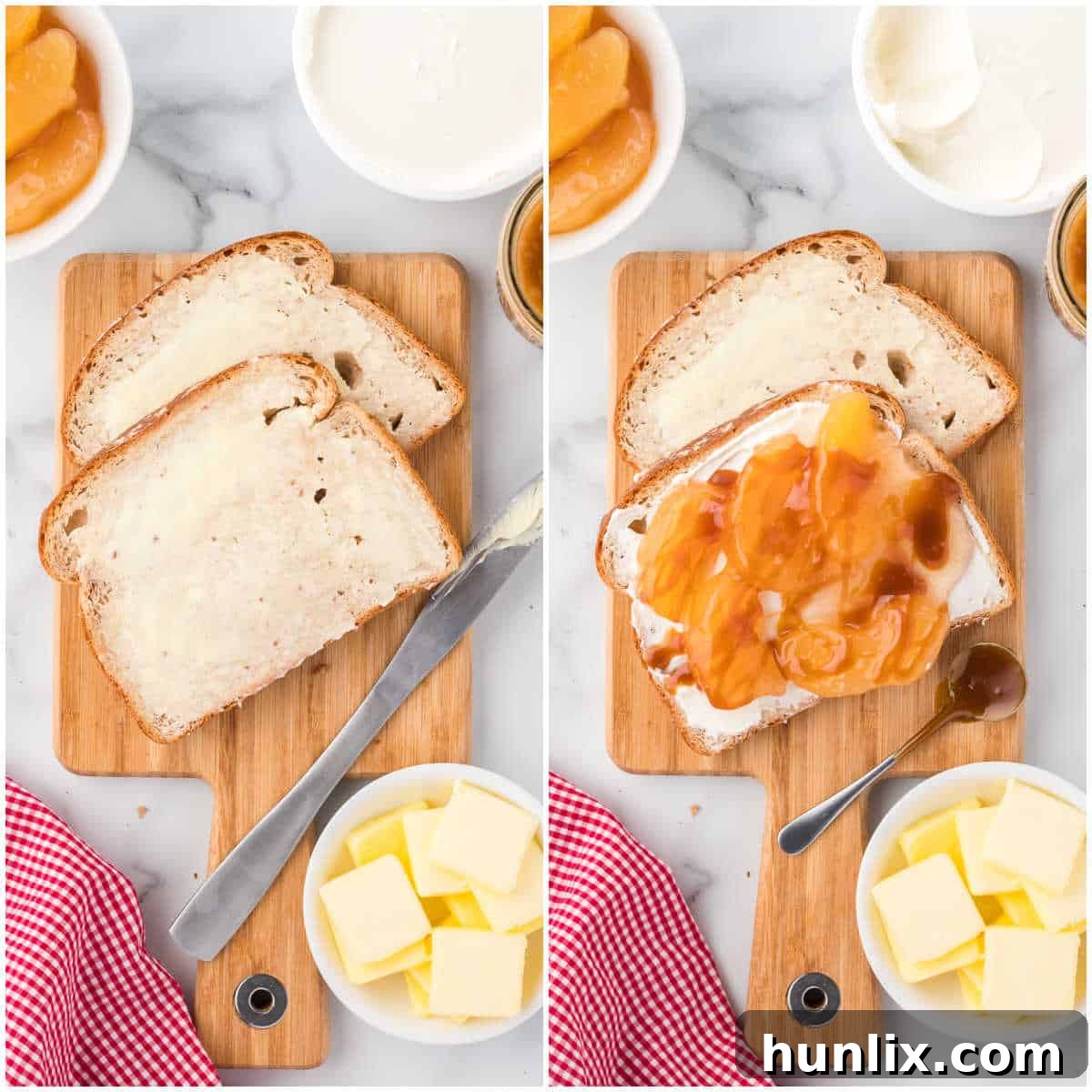 Sweet & Savory Caramel Apple Melt 4 Two steps of making caramel apple grilled cheese: buttering bread and assembling the filling layers.