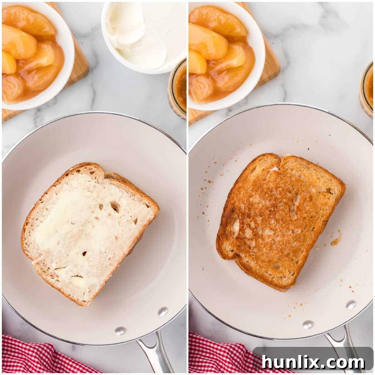 Sweet & Savory Caramel Apple Melt 5 Caramel apple grilled cheese cooking in a skillet until golden brown.