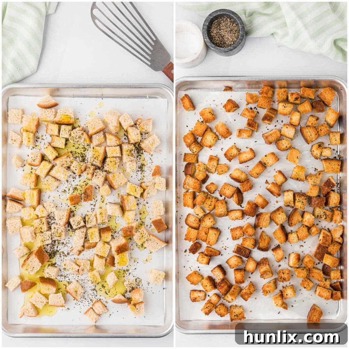 Deconstructed BLT Salad 4 Steps for making BLT salad: bread cubes on a baking sheet for croutons.