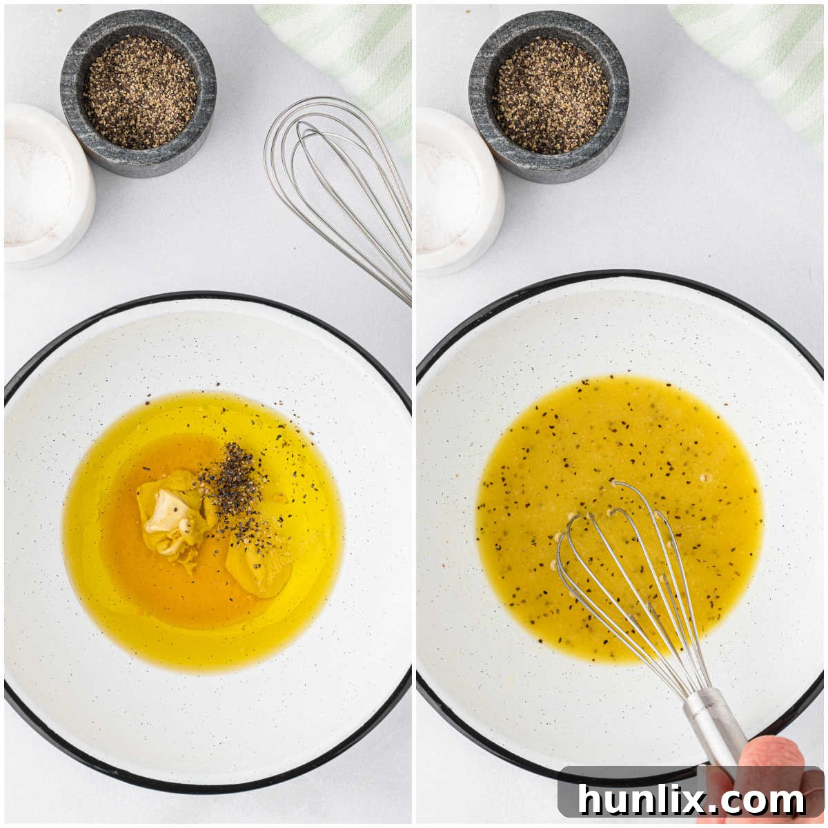 Deconstructed BLT Salad 5 Steps for making BLT salad: whisking honey dijon vinaigrette ingredients.