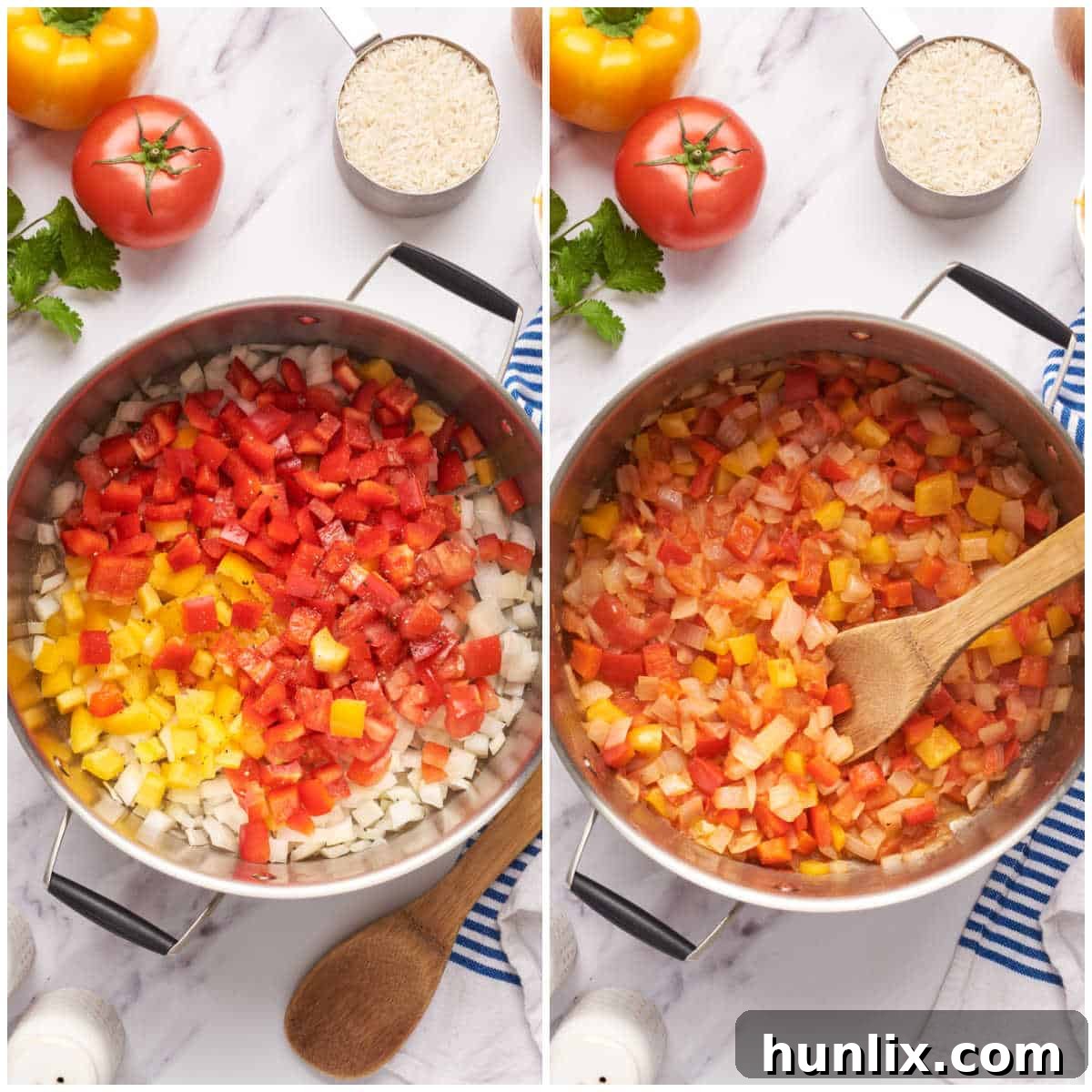 Skillet Chicken Burrito Fiesta 4 Initial steps for making the one-pot chicken burrito bowl, showing vegetables sautéing in the pot.