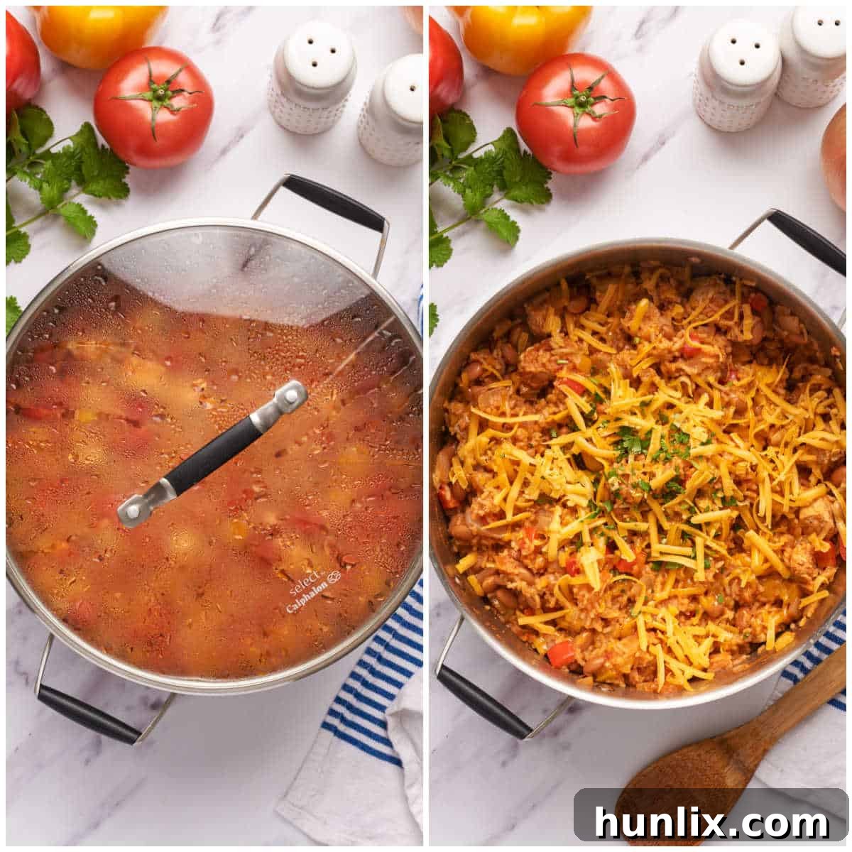 Skillet Chicken Burrito Fiesta 6 The finished one-pot chicken burrito bowl, garnished with cheese and cilantro, ready to serve.