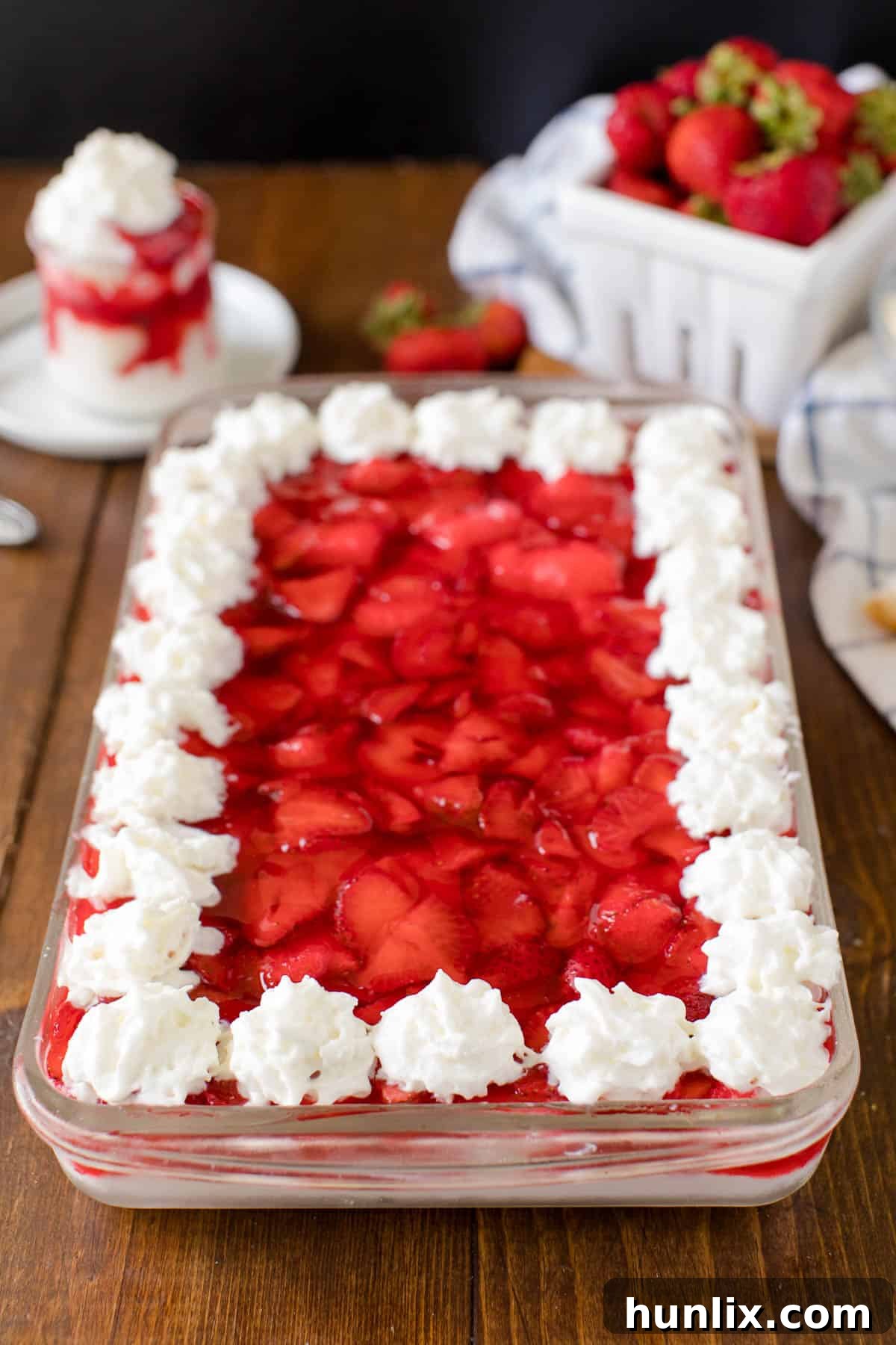 Strawberries in the Snow in a casserole pan, ready to serve.