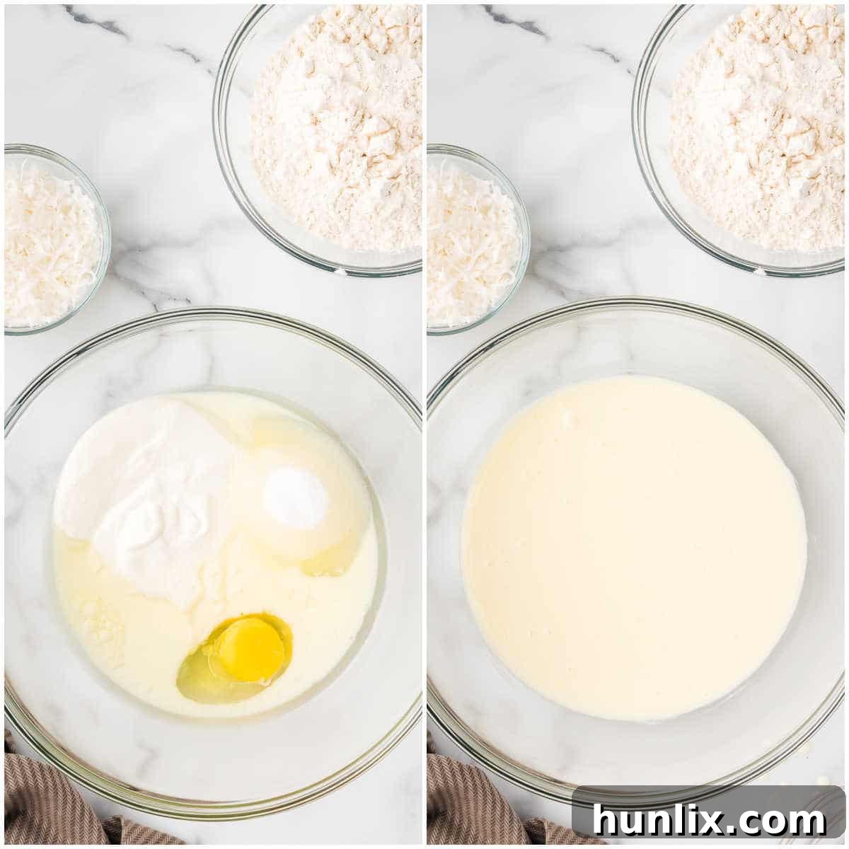 Step one of making toasted coconut muffins: mixing wet ingredients in a bowl.
