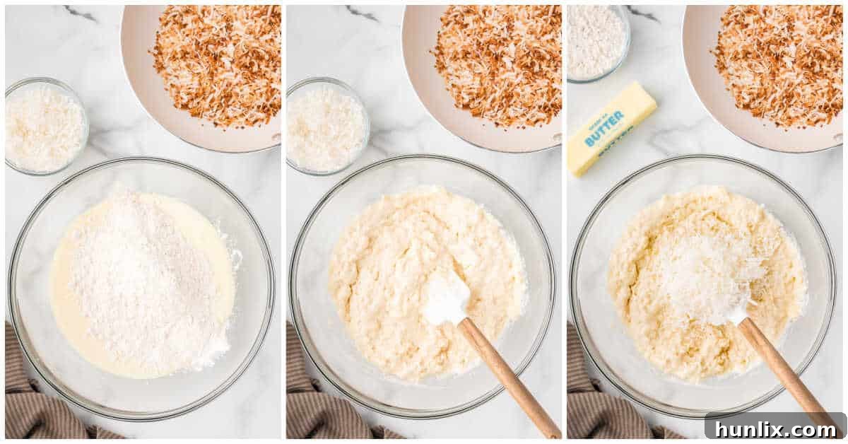 Step two of making toasted coconut muffins: folding shredded coconut into the batter.