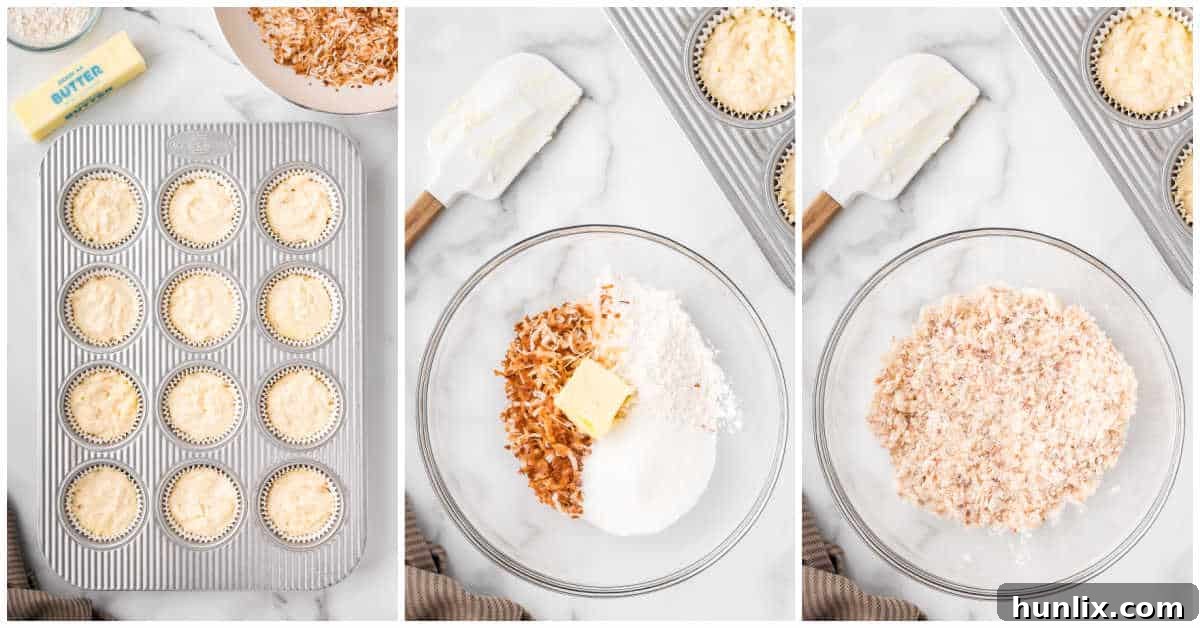 Steps to make toasted coconut muffins: batter in muffin cups with streusel topping applied.