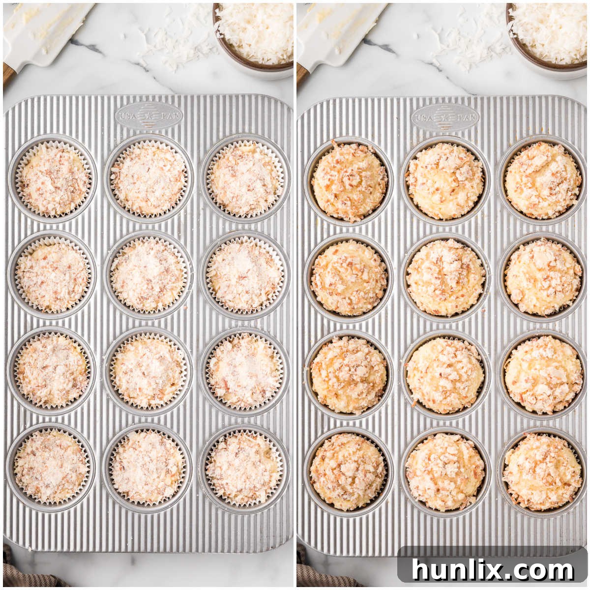 Steps to make toasted coconut muffins: freshly baked muffins coming out of the oven.