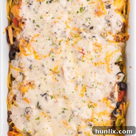 The recipe in a white casserole pan.