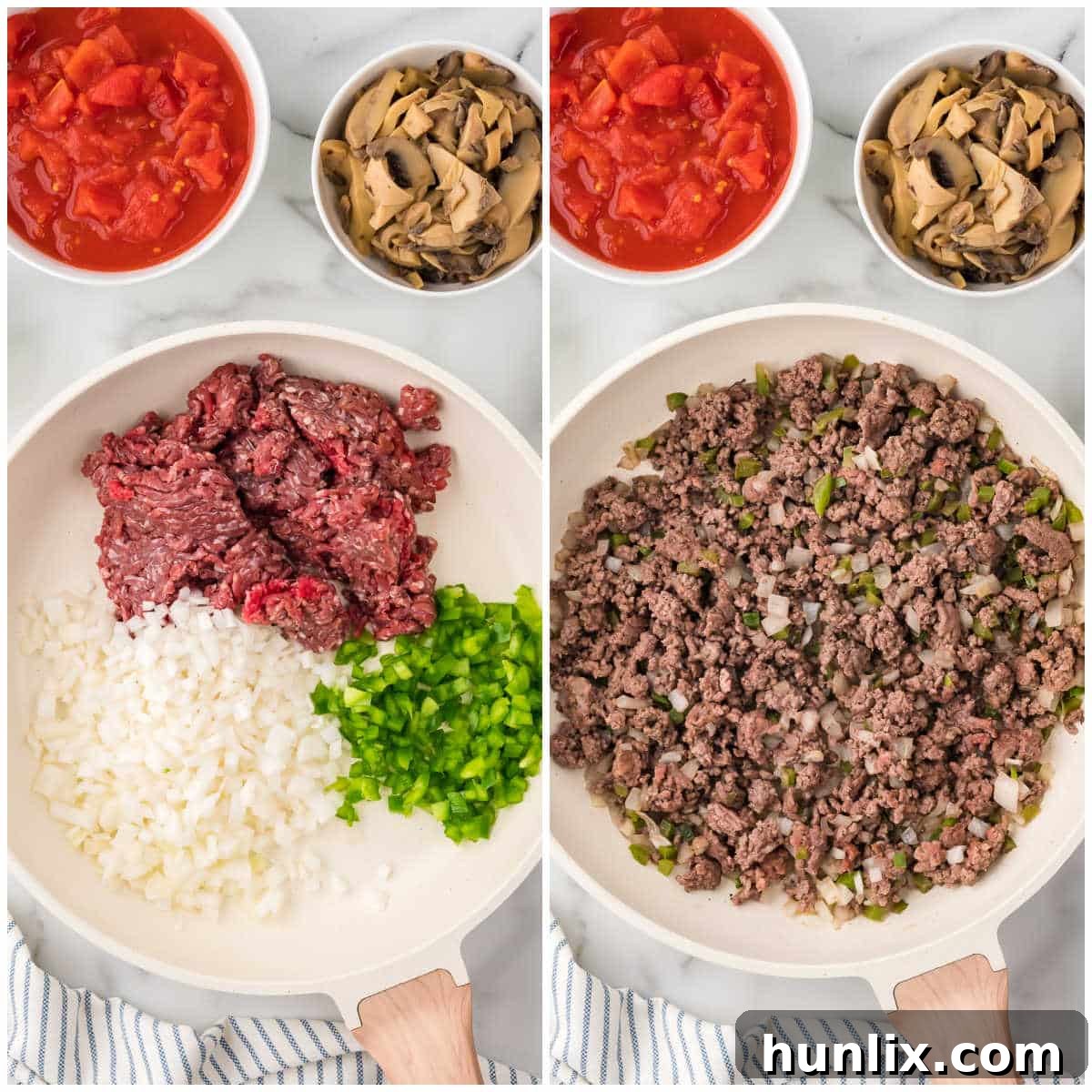 Hearty Spaghetti Bake 4 A collage showing the process of browning ground beef with chopped onions and green peppers in a large skillet.
