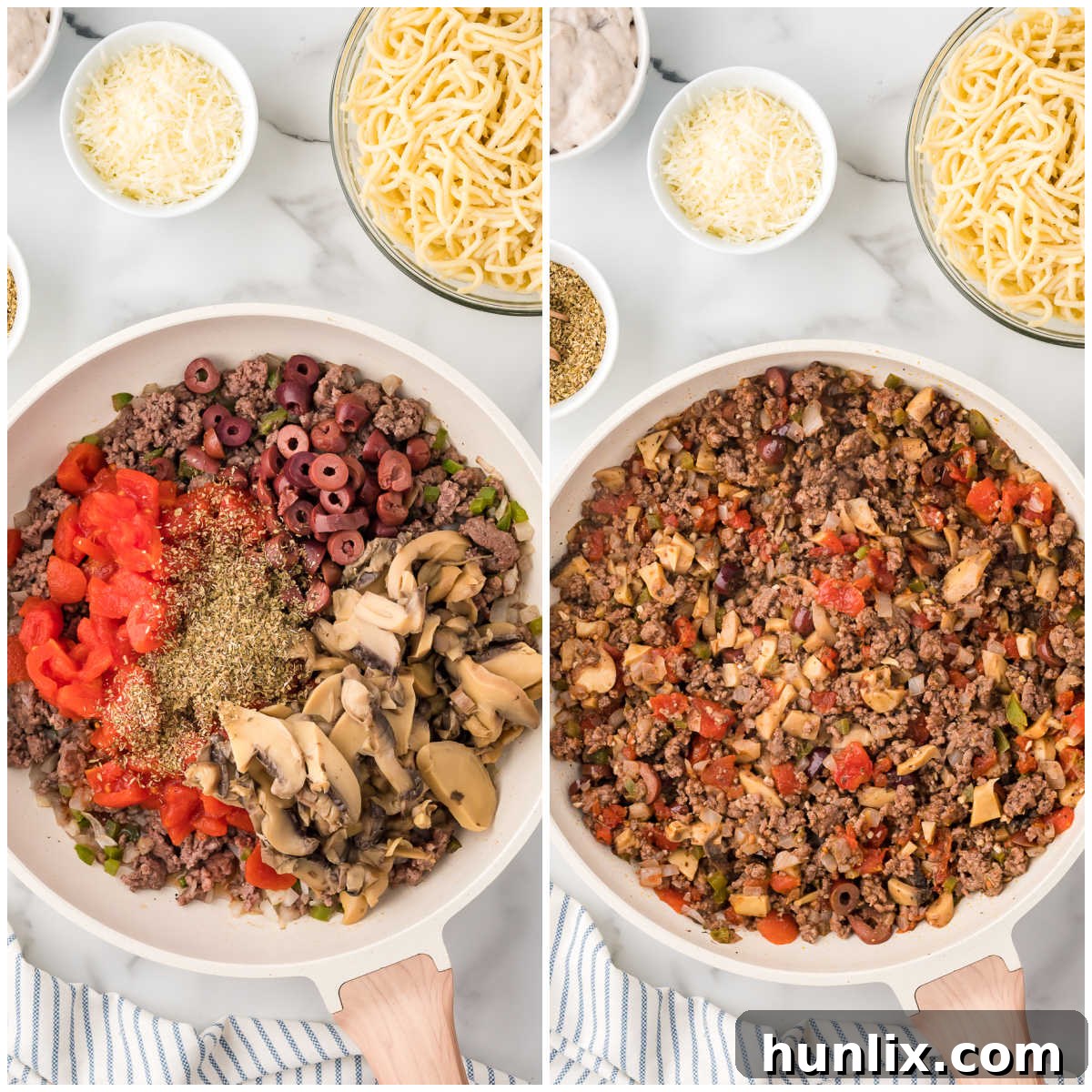 Hearty Spaghetti Bake 5 A collage demonstrating the addition of diced tomatoes, sliced mushrooms, black olives, and oregano to the ground beef mixture in a skillet.