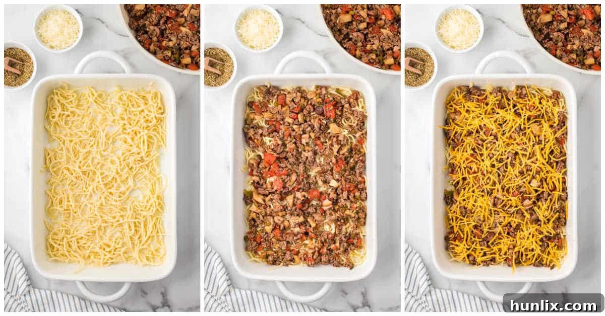 Hearty Spaghetti Bake 6 A collage depicting the layering process of spaghetti, meat sauce, and cheddar cheese in a casserole dish.