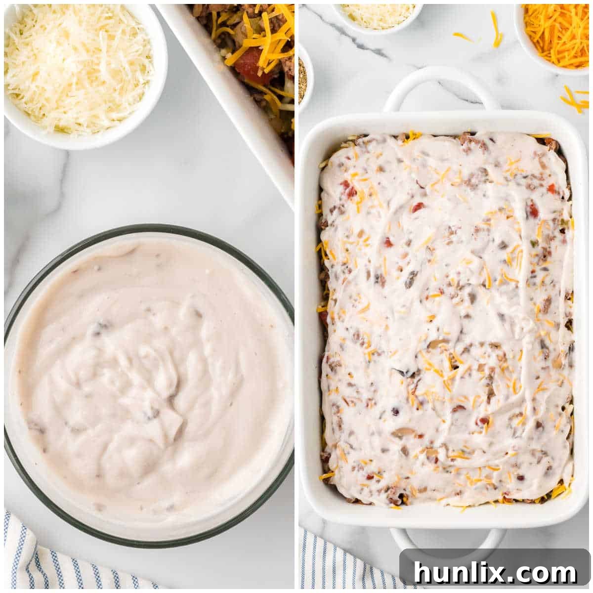 Hearty Spaghetti Bake 7 A collage illustrating the mixing of cream of mushroom soup with water, then pouring it over the layered casserole and topping with Parmesan cheese.