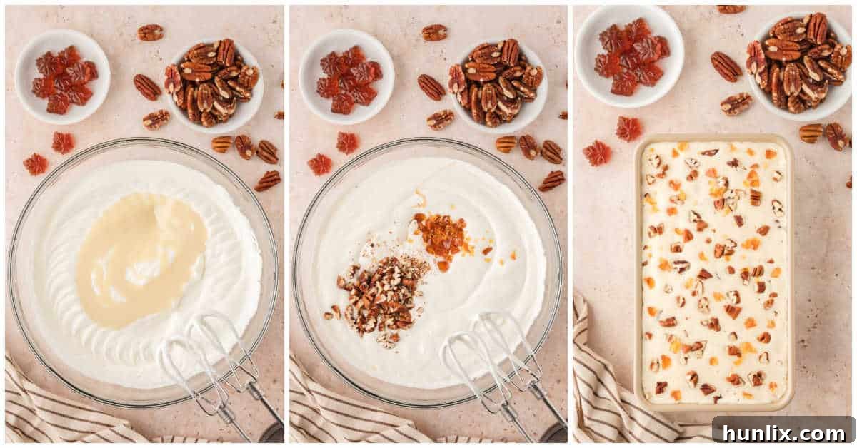 Maple Pecan Ice Cream Delight 4 Three sequential images demonstrating the process of making no-churn maple pecan ice cream: whipping cream, mixing with condensed milk and flavors, and pouring into a freezer container.