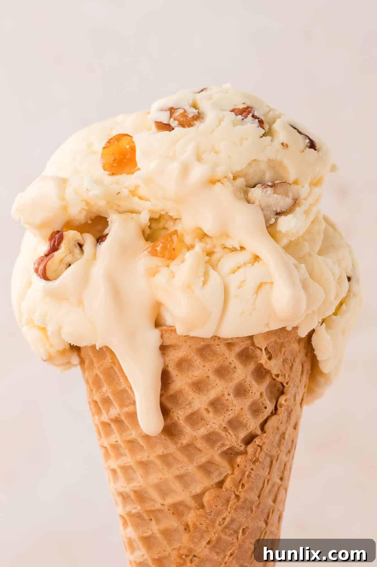 Maple Pecan Ice Cream Delight 6 A single scoop of maple pecan ice cream served in a crisp ice cream cone.