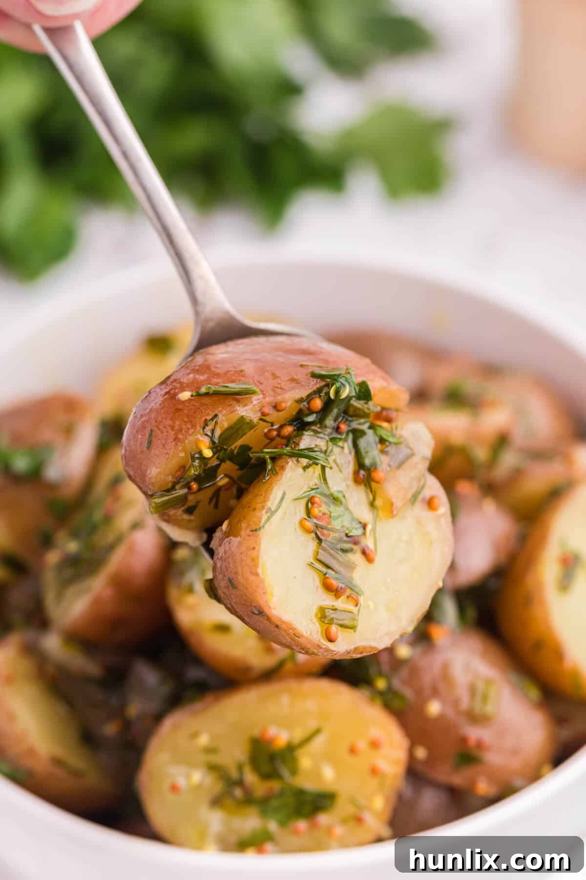 Vibrant Herb Potato Salad 5 A spoonful of Herb Potato Salad, showing the texture and herb distribution.