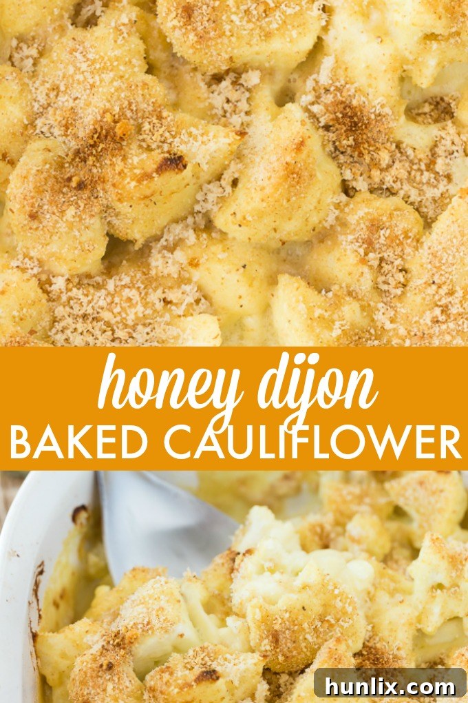 Honey Dijon Baked Cauliflower - This easy side dish is hearty enough for Meatless Monday! This cauliflower casserole recipe is super tangy and covered in breadcrumbs and Parmesan cheese. Yum!