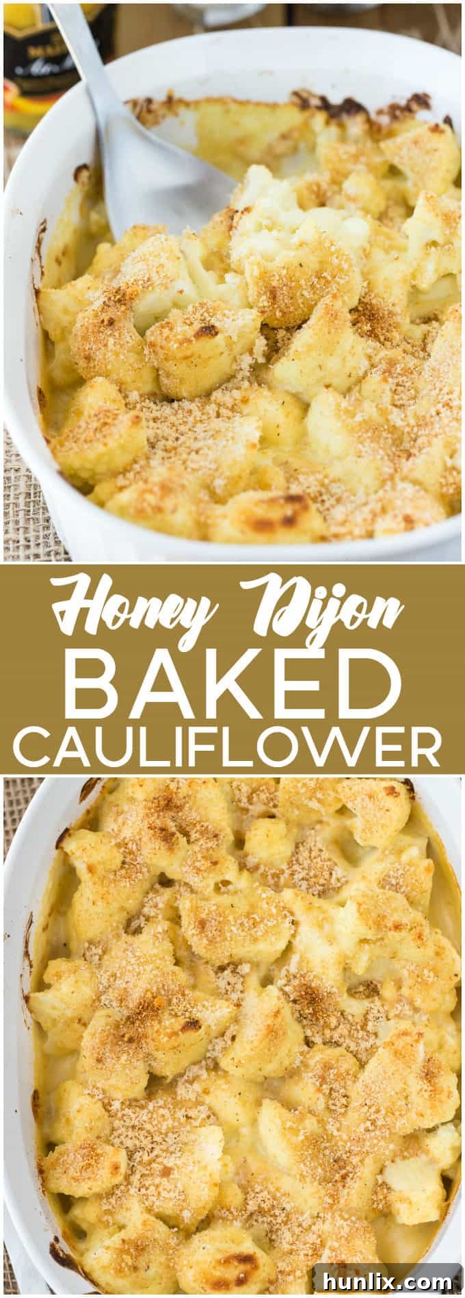 Honey Dijon Baked Cauliflower - This easy side dish is hearty enough for Meatless Monday! This cauliflower casserole recipe is super tangy and covered in breadcrumbs and Parmesan cheese. Yum!