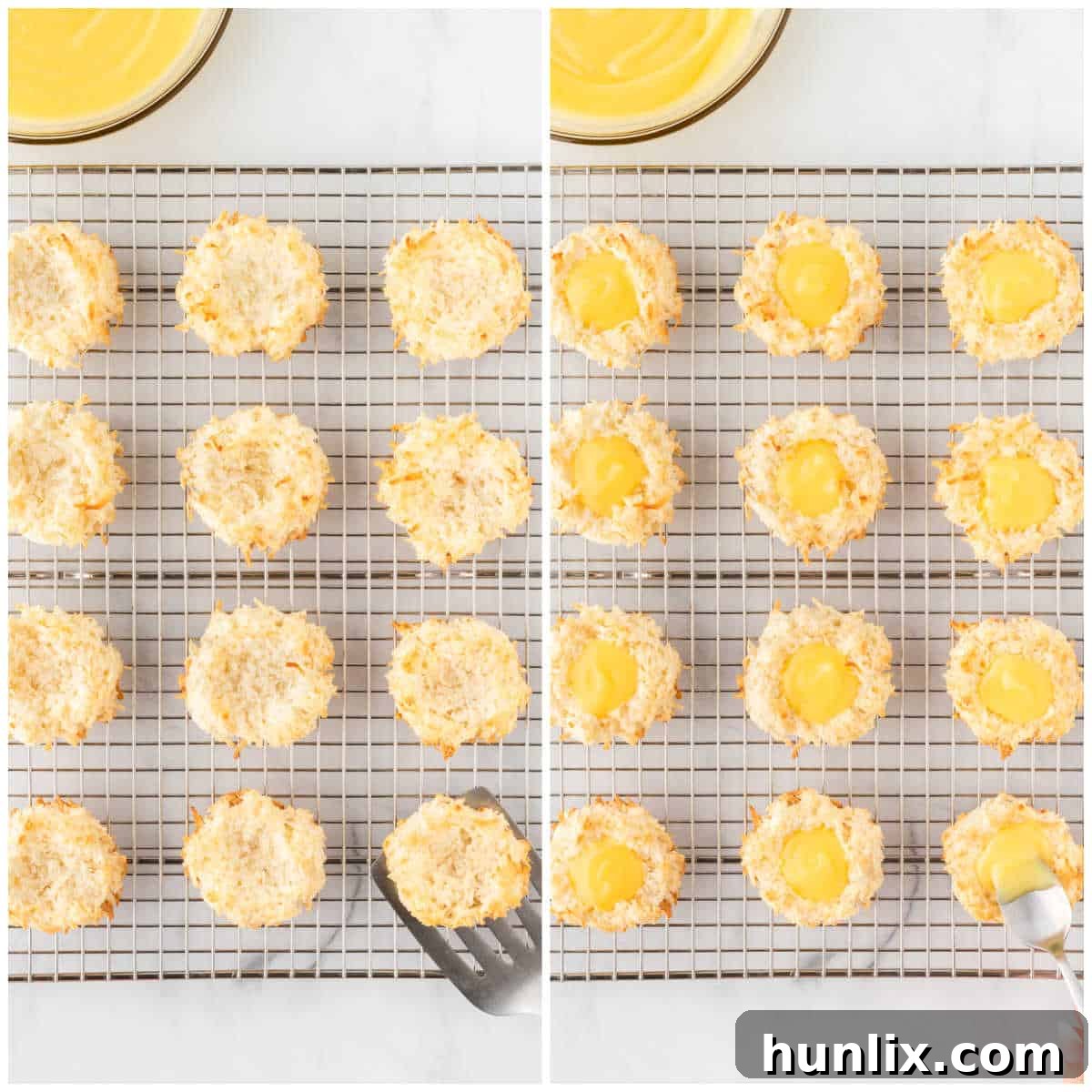 Finished lemon curd coconut macaroons cooling on a wire rack, with some already filled with a dollop of lemon curd.