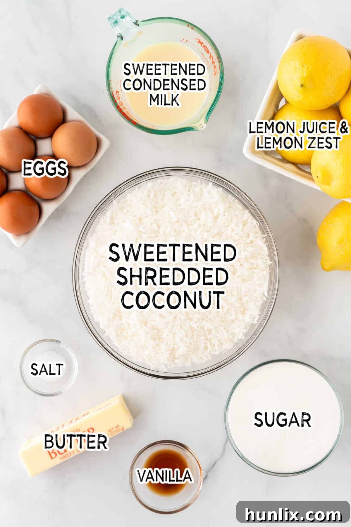 All the fresh ingredients laid out, ready to be transformed into delicious lemon curd coconut macaroons.
