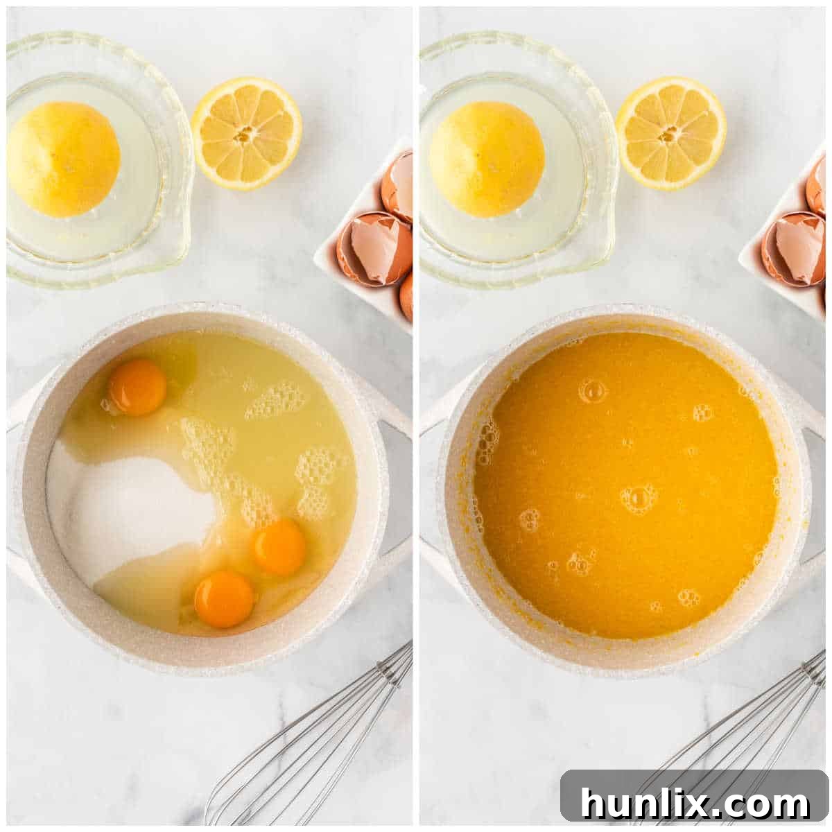 A saucepan on the stove with lemon curd ingredients being whisked, showing the initial steps of preparation.