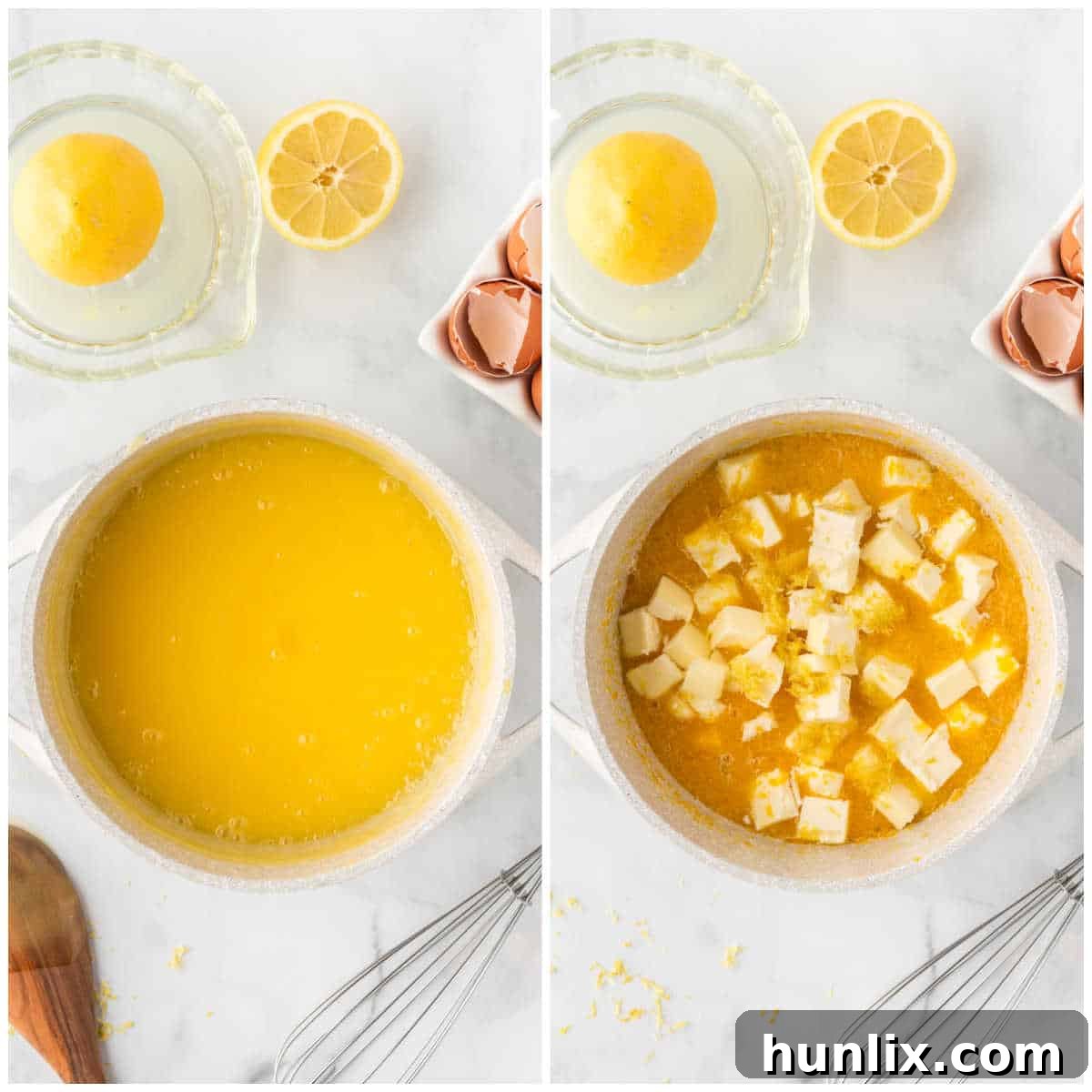 Lemon curd thickening in a saucepan, being stirred with a wooden spoon, illustrating the process of achieving the right consistency.