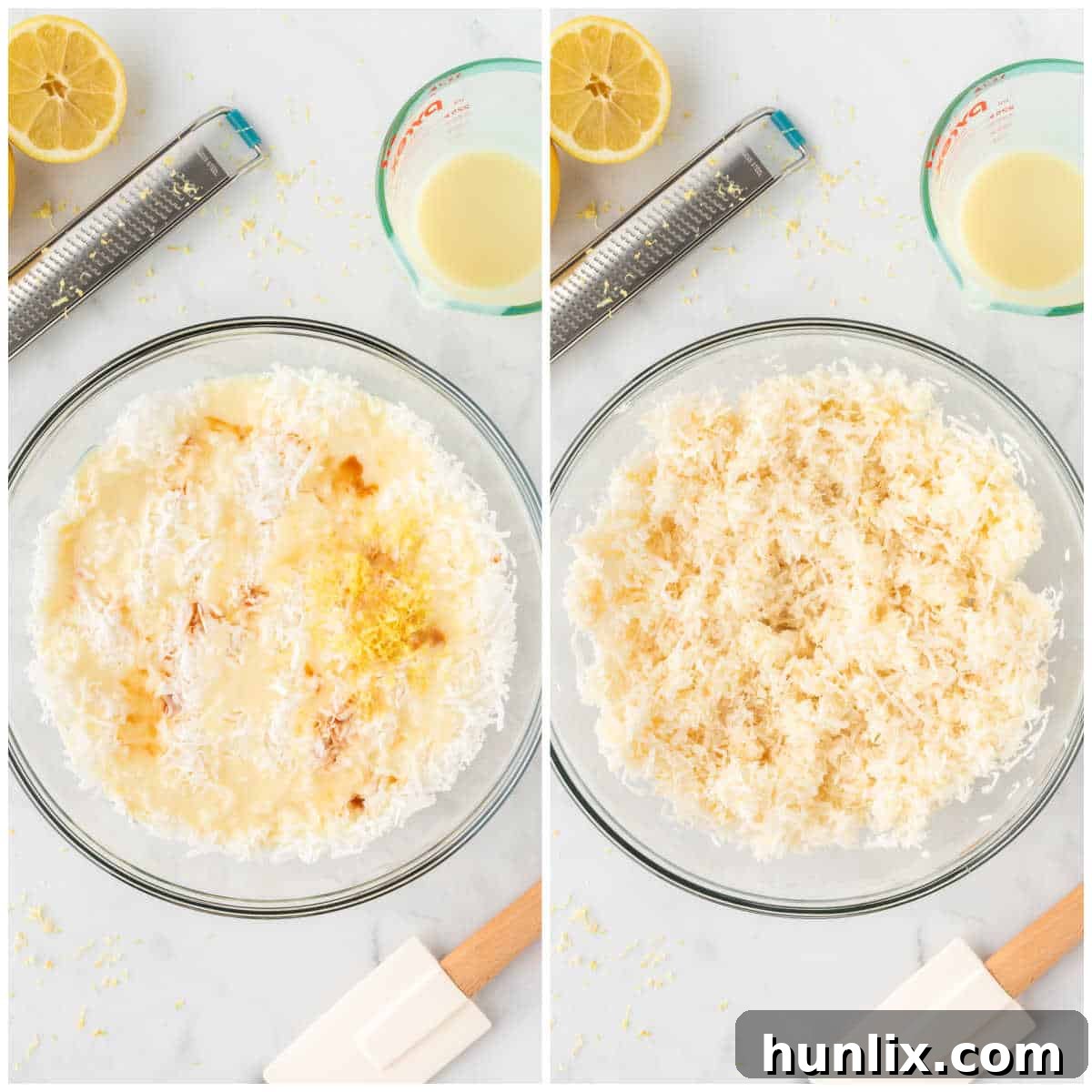 A bowl containing the mixed coconut macaroon ingredients: shredded coconut, condensed milk, vanilla, salt, and lemon zest.