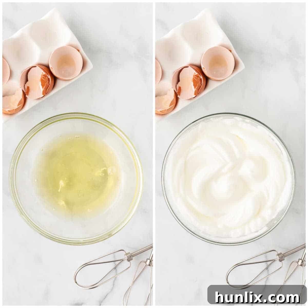 Egg whites being beaten to stiff peaks with an electric mixer, showing the correct consistency for macaroon preparation.