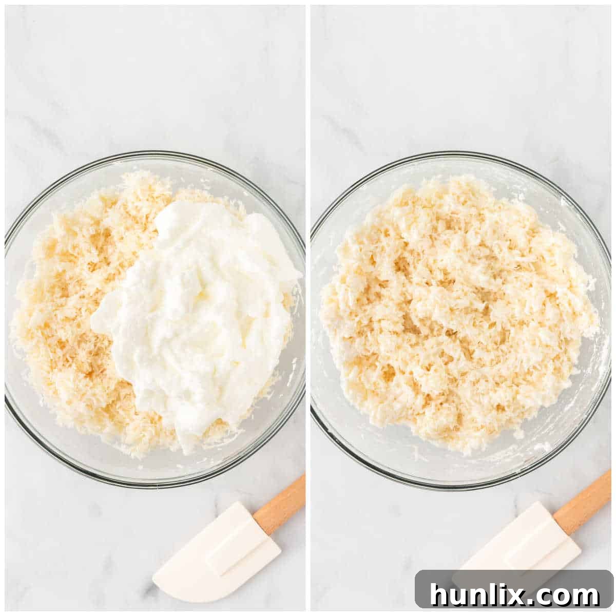 Macaroon mixture scooped onto a parchment-lined baking sheet, demonstrating proper spacing before baking.