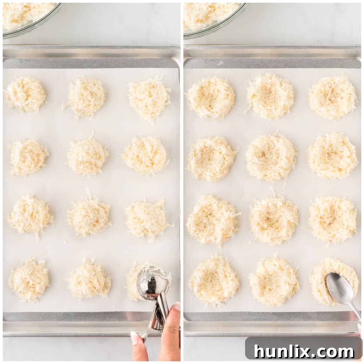 Formed macaroon nests on a baking sheet, showing the indentations created to hold the lemon curd.