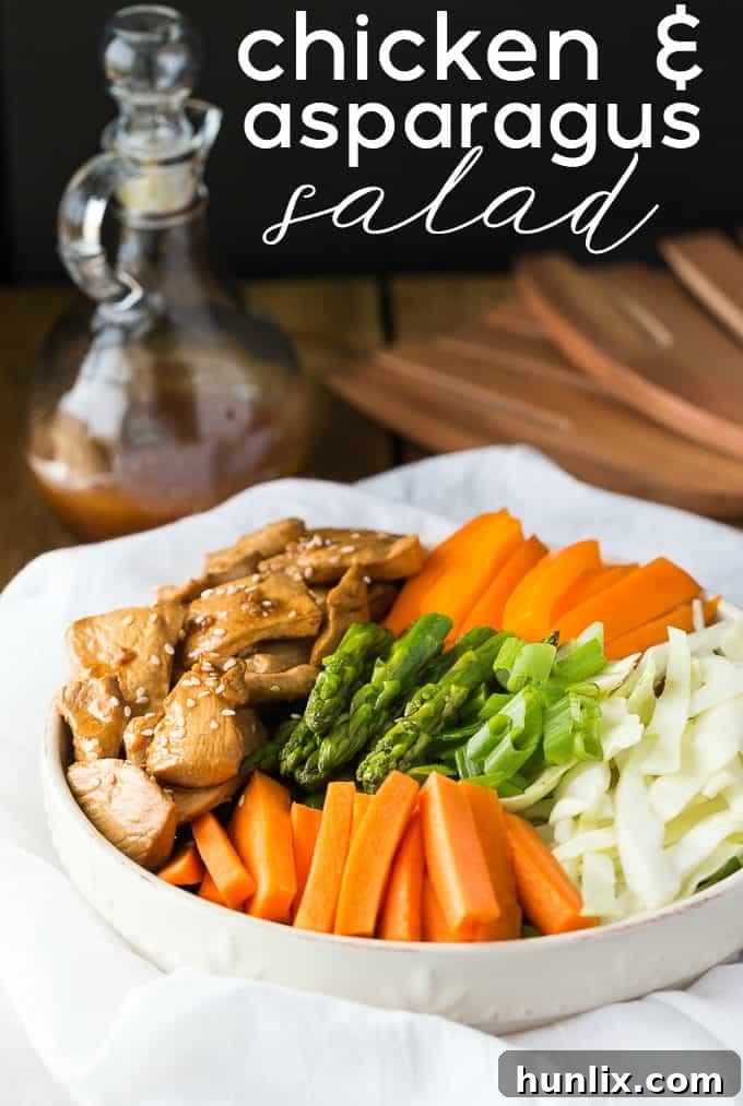 Spring Chicken and Asparagus Salad 5 Chicken & Asparagus Salad - A delicious spring salad packed with veggies, seasoned chicken and a tangy Sesame Ginger dressing.