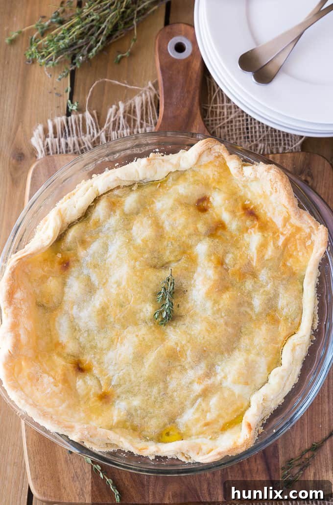 Close-up of the Rustic Bacon, Herb & Vegetable Pie showing the golden top crust and rich filling.