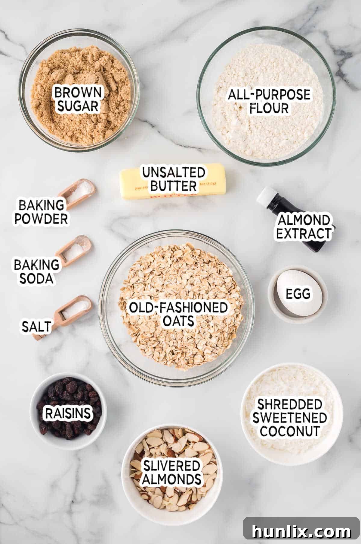 Hearty Trail Mix Oatmeal Cookies 3 All the fresh ingredients laid out neatly, ready to be combined for making delicious Trail Mix Oatmeal Cookies.