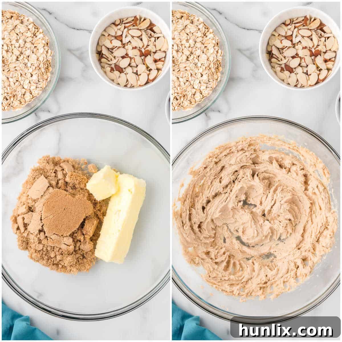 Hearty Trail Mix Oatmeal Cookies 4 Close-up view of butter and brown sugar being creamed together in a mixing bowl, illustrating the first step of cookie preparation.