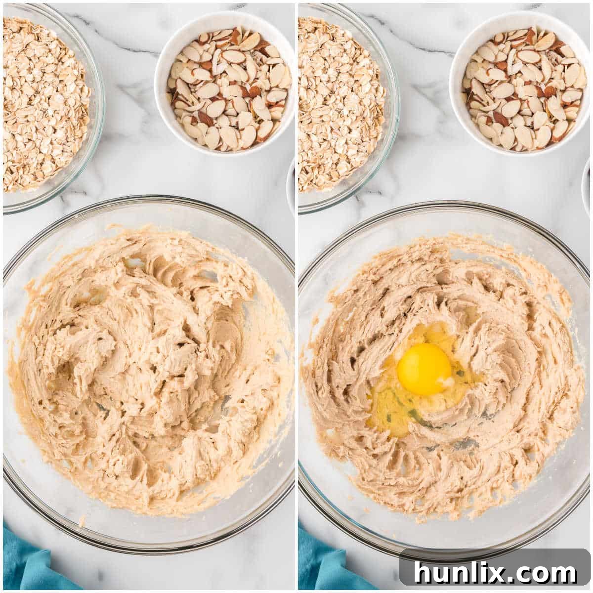 Hearty Trail Mix Oatmeal Cookies 5 An egg and almond extract being added to the creamed butter and sugar, ready for mixing to form the wet base of the cookie dough.