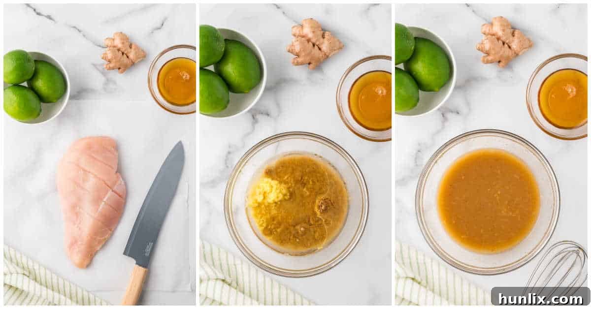 Two steps of making Ginger Lime Chicken: preparing chicken with slits and mixing the marinade.