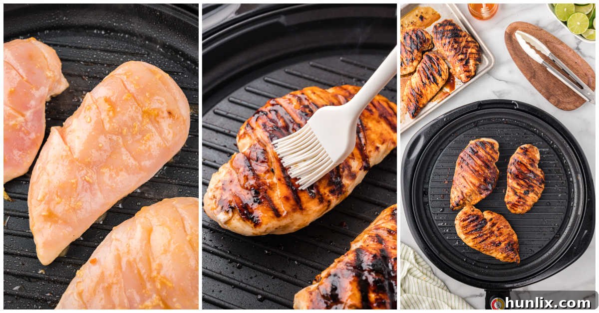 Two steps of grilling Ginger Lime Chicken: placing on grill and basting, and the chicken cooking.