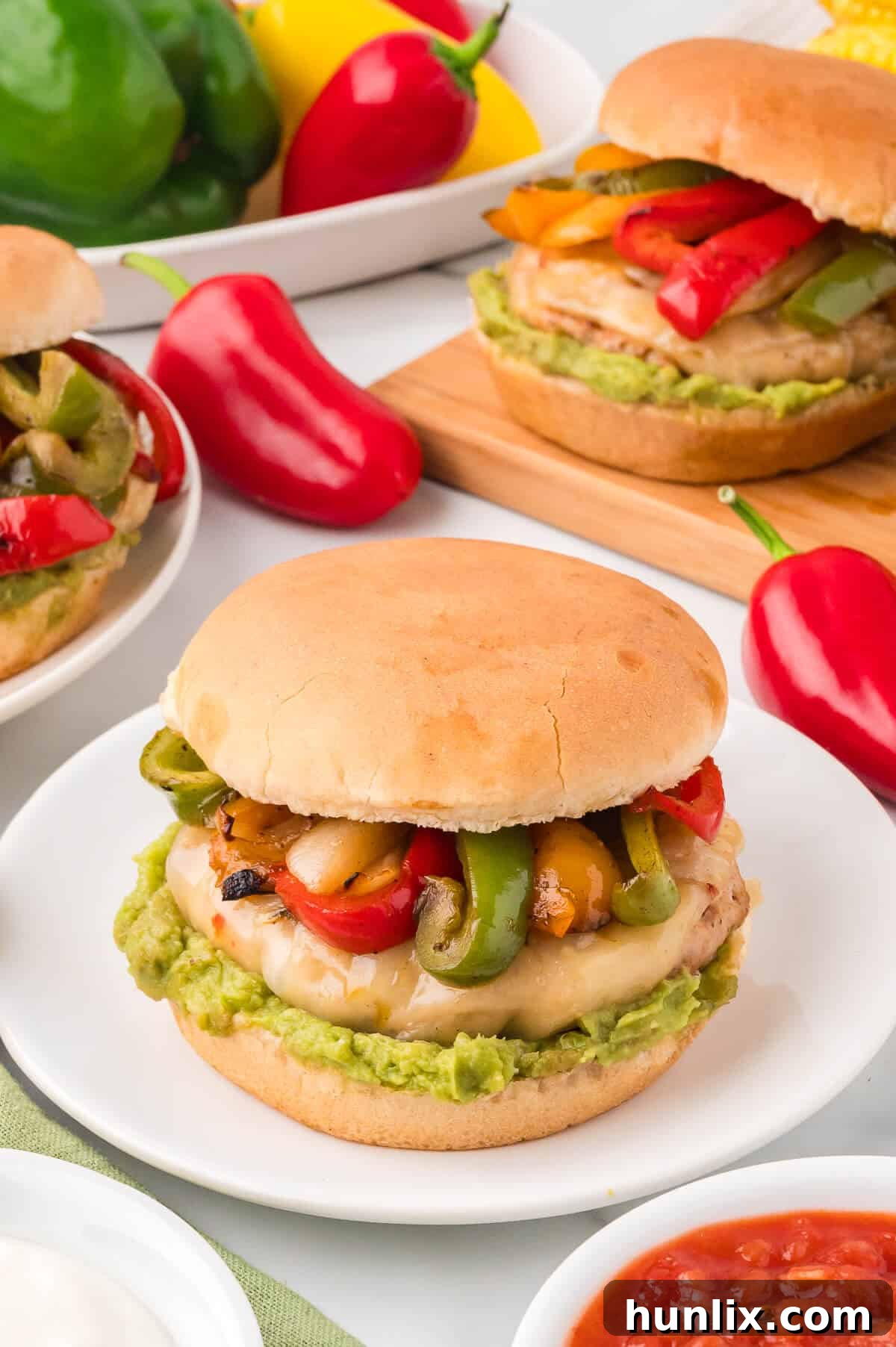Sizzling Fajita Chicken Burgers 8 A chicken fajita burger on a plate.