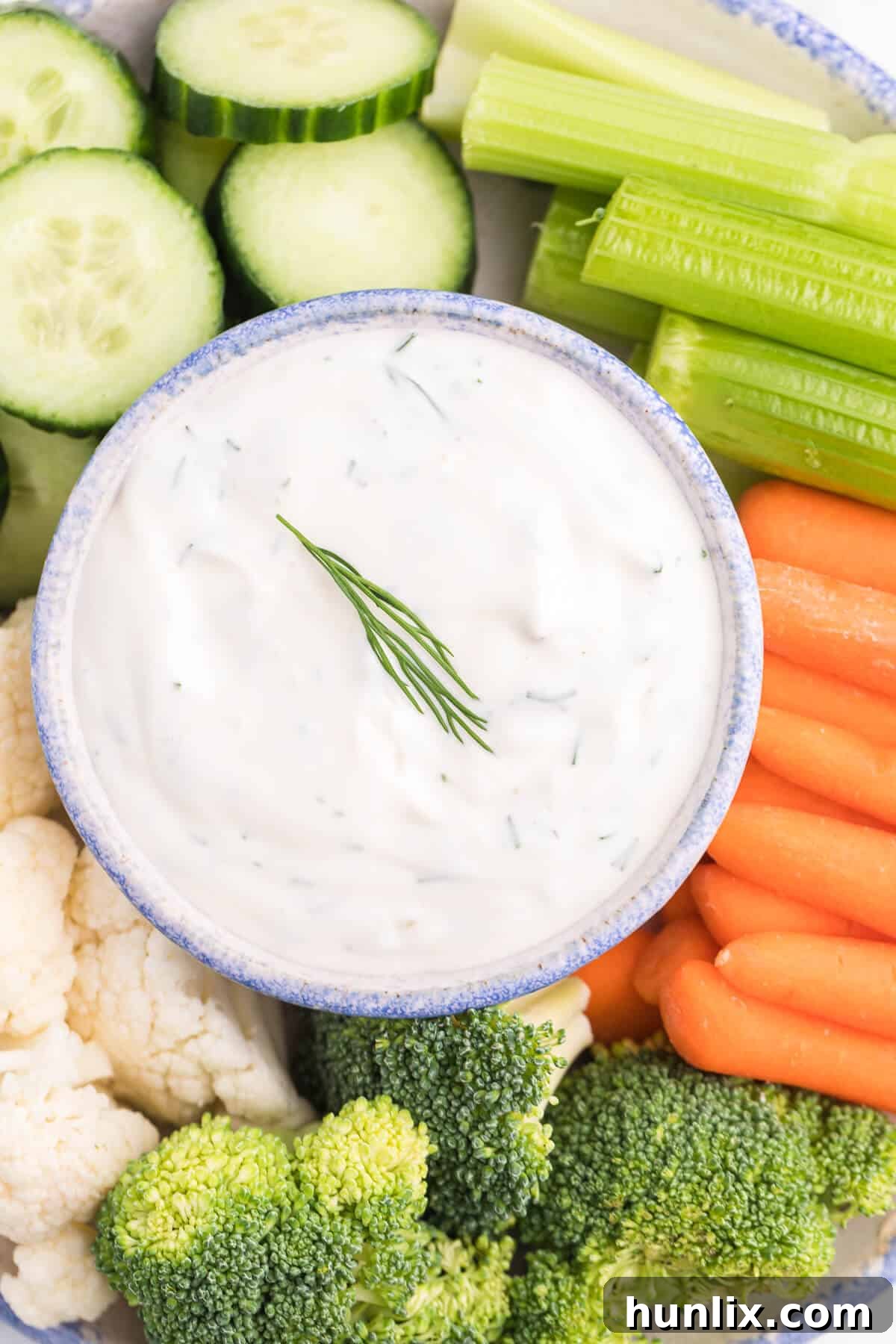 Close-up of the creamy Lemon Dill Dip in a white bowl, garnished with fresh dill sprigs, ready to be served.
