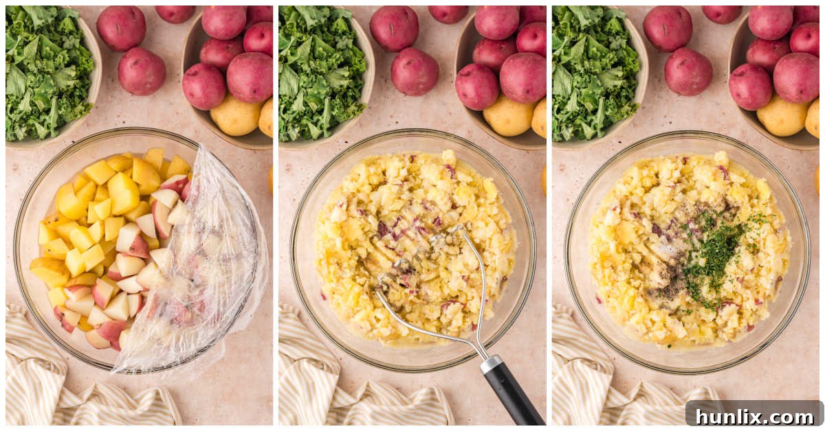 A three-panel collage illustrating the initial steps of preparing the potatoes, from cubing to mashing with milk and herbs.
