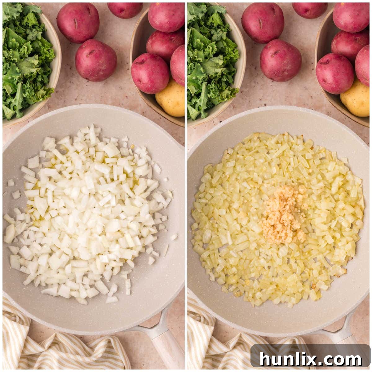 A two-panel collage showing the process of sautéing onions and then adding garlic to the frying pan.