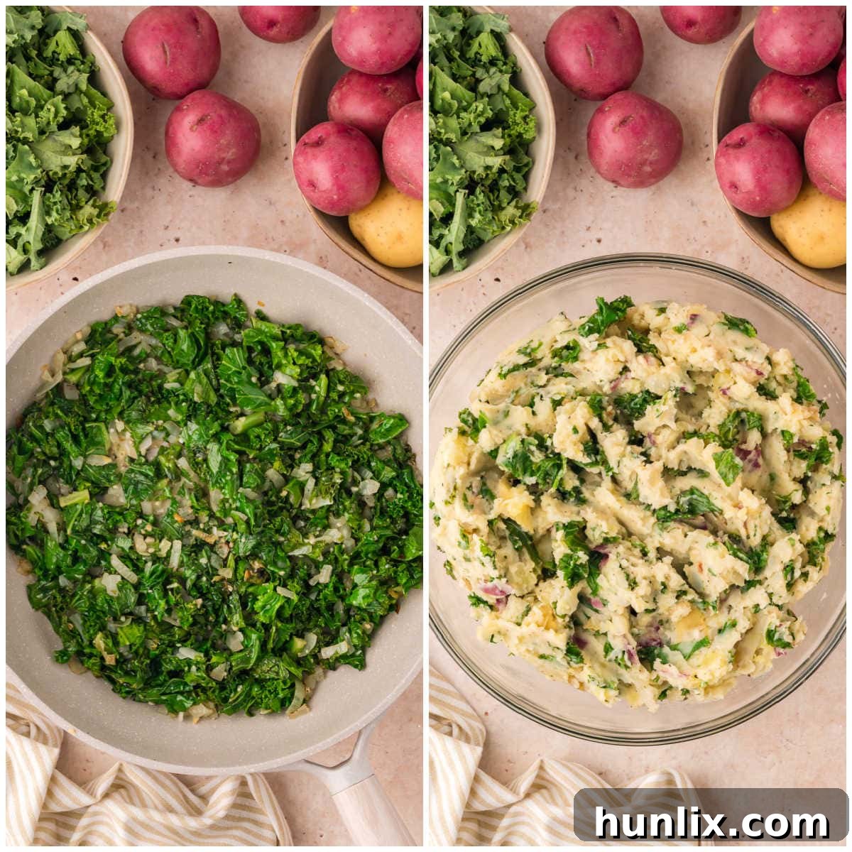 A two-panel collage depicting the kale being added to the skillet and then the final step of combining the kale mixture with the mashed potatoes.
