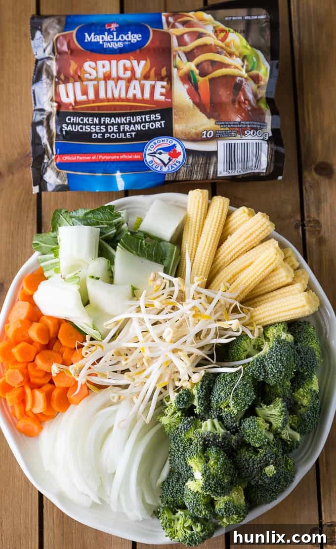 Spicy Stir-Fry - Spicy chicken frankfurters add an extra kick of fiery flavour to a stir-fried vegetable medley.