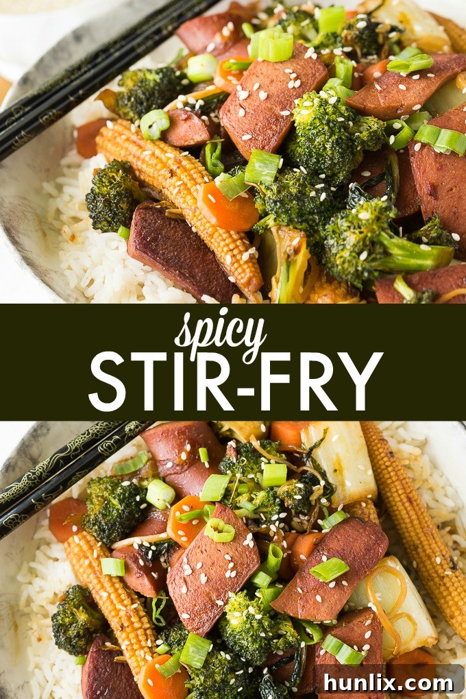Spicy Stir-Fry - Spicy chicken frankfurters add an extra kick of fiery flavour to a stir-fried vegetable medley.