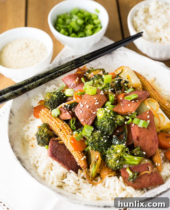 Spicy Stir-Fry - Spicy chicken frankfurters add an extra kick of fiery flavour to a stir-fried vegetable medley.