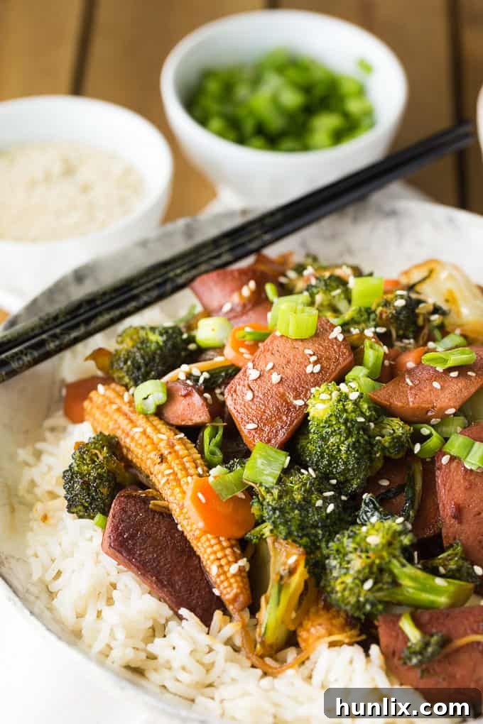 Spicy Stir-Fry - Spicy chicken frankfurters add an extra kick of fiery flavour to a stir-fried vegetable medley.