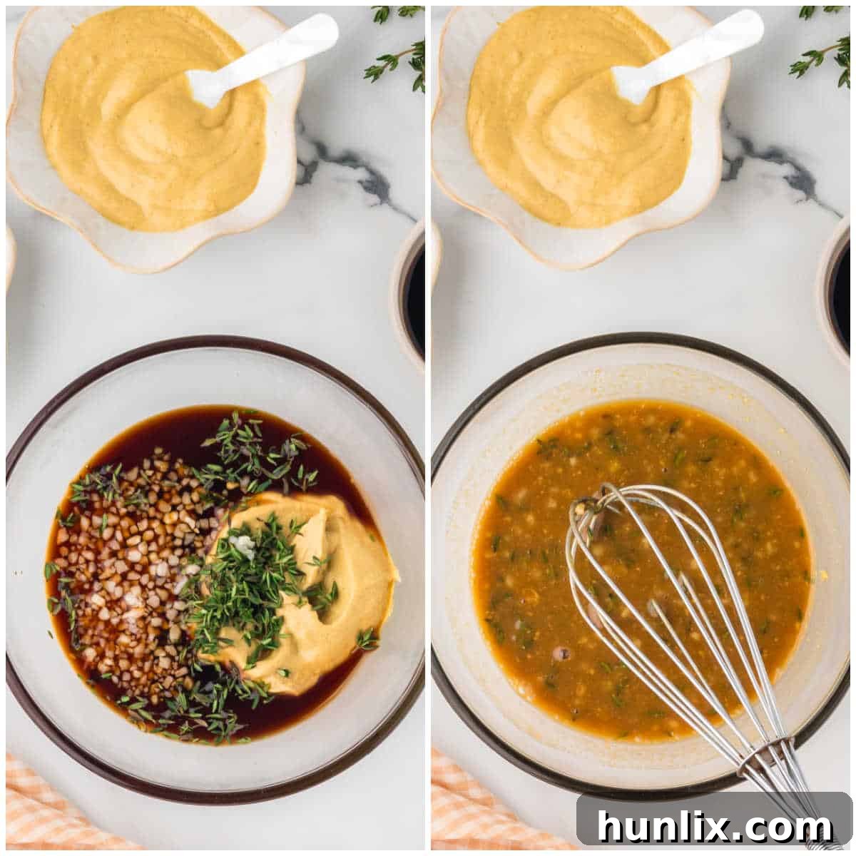 Collage showing the preparation of the maple dijon marinade in a bowl.