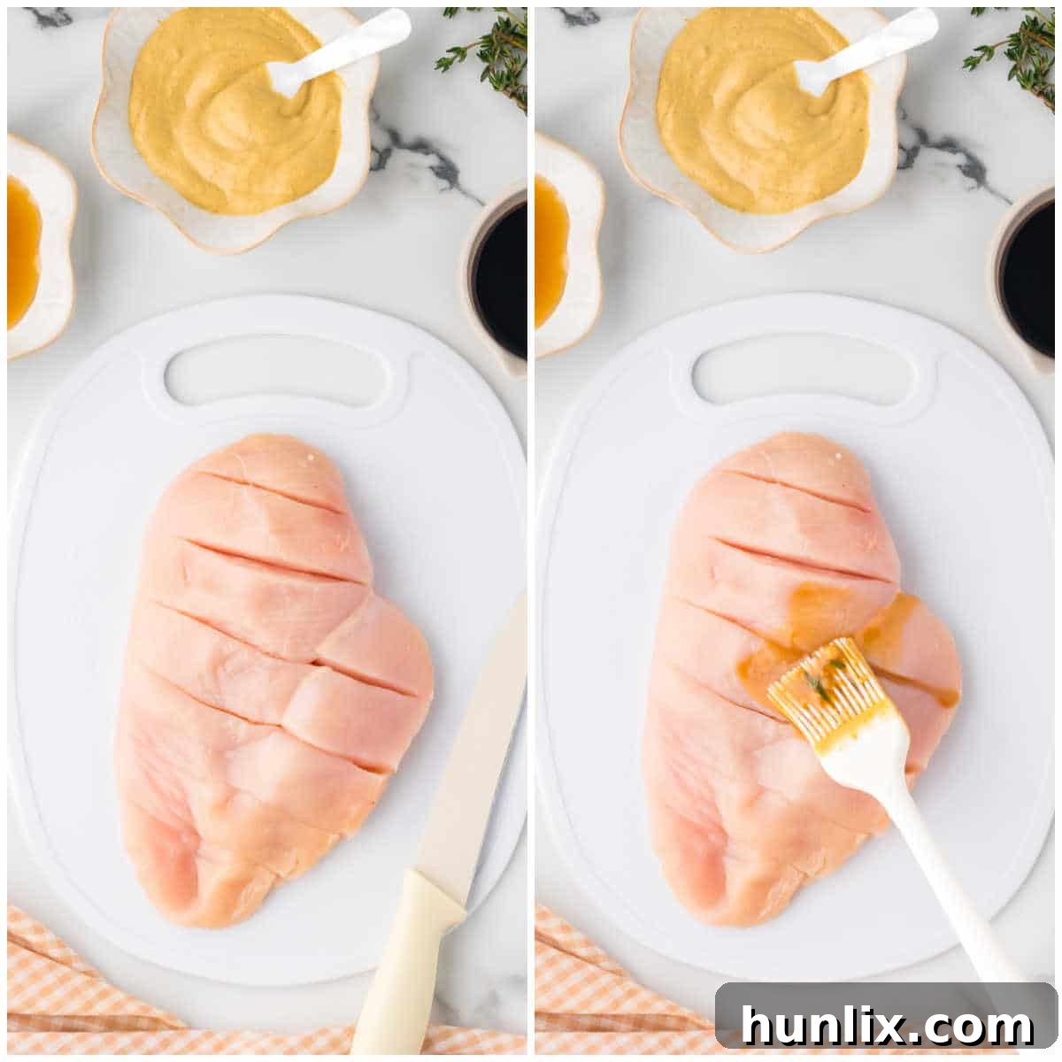 Collage showing chicken breasts being scored and then brushed with the maple dijon marinade.