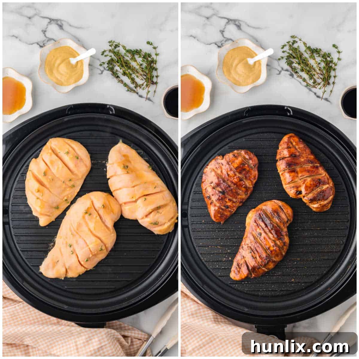 Collage showing chicken breasts grilling on a barbecue, basted with maple dijon marinade.
