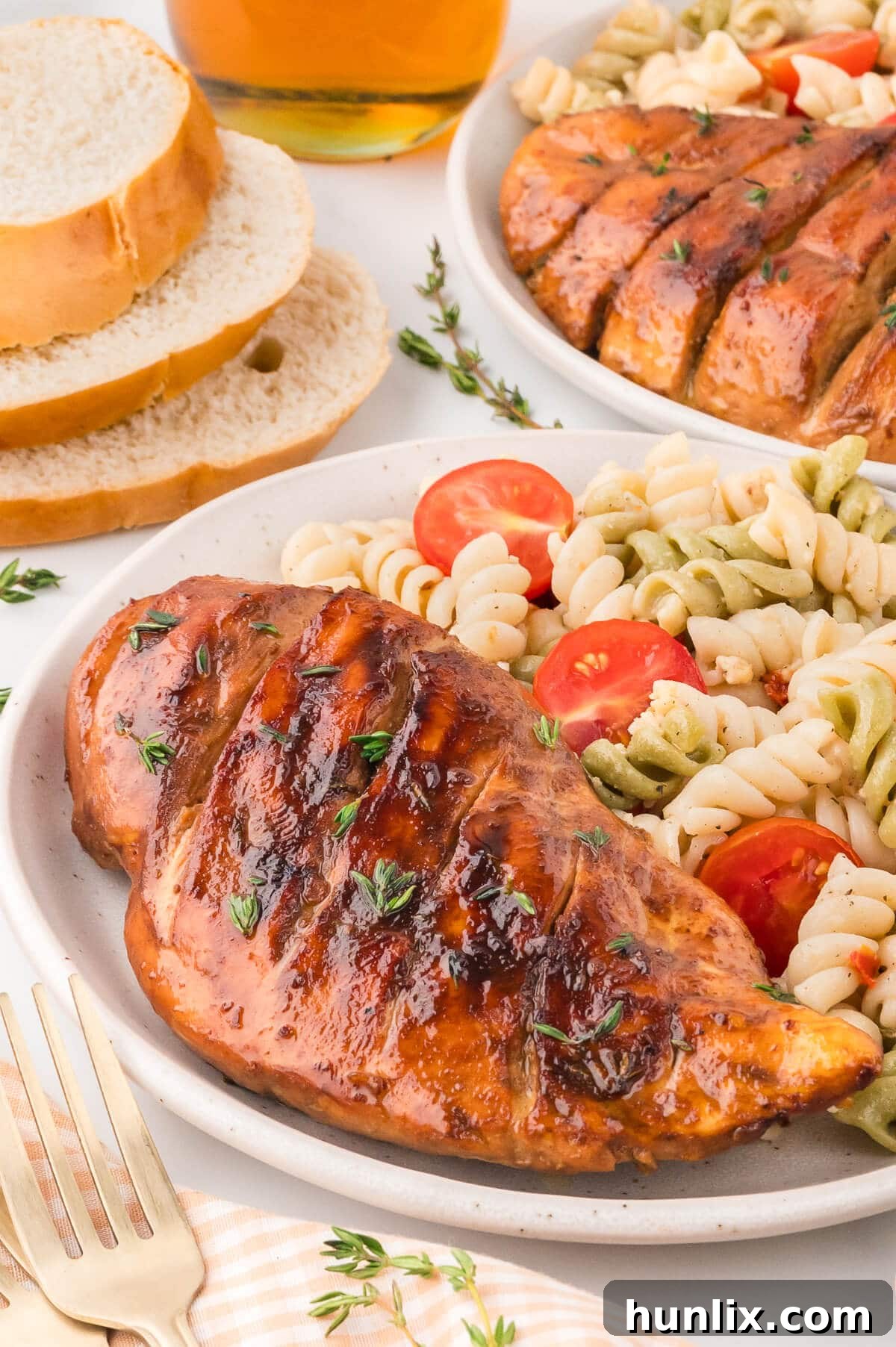 Maple dijon grilled chicken breast served alongside a vibrant pasta salad on a plate.